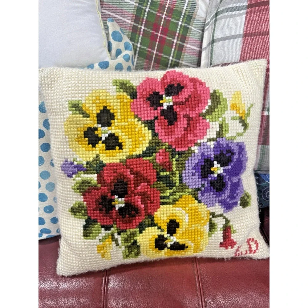 Vintage Hand Needlepoint Pansy Floral Throw Pillow Cream Back 15x15